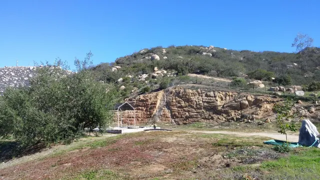 a view of a yard with a mountain