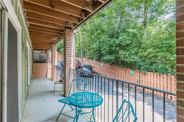 a porch with seating space
