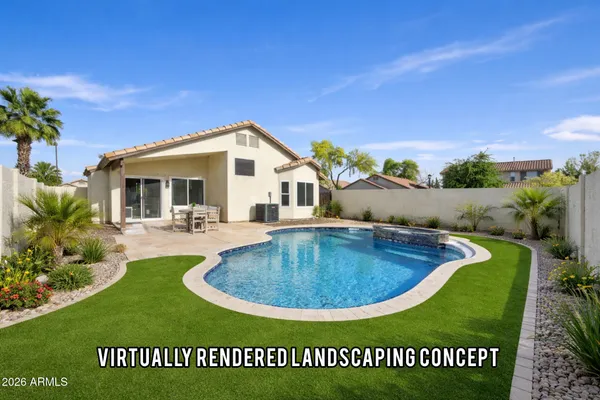 a view of a house with swimming pool yard and outdoor seating