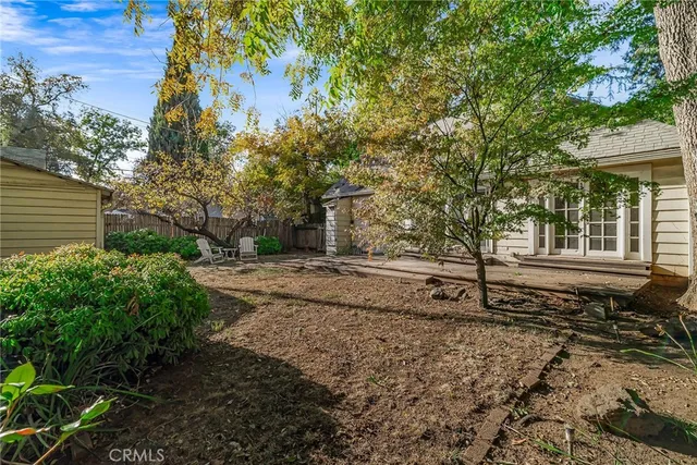 a view of a yard with plants and trees