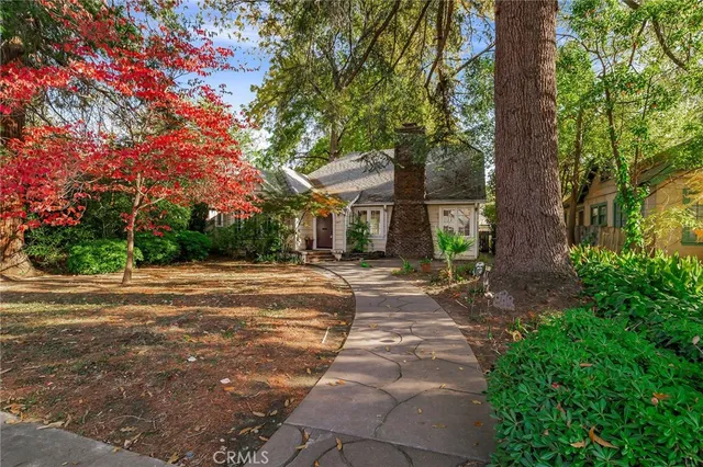 a view of a house with large trees and plants