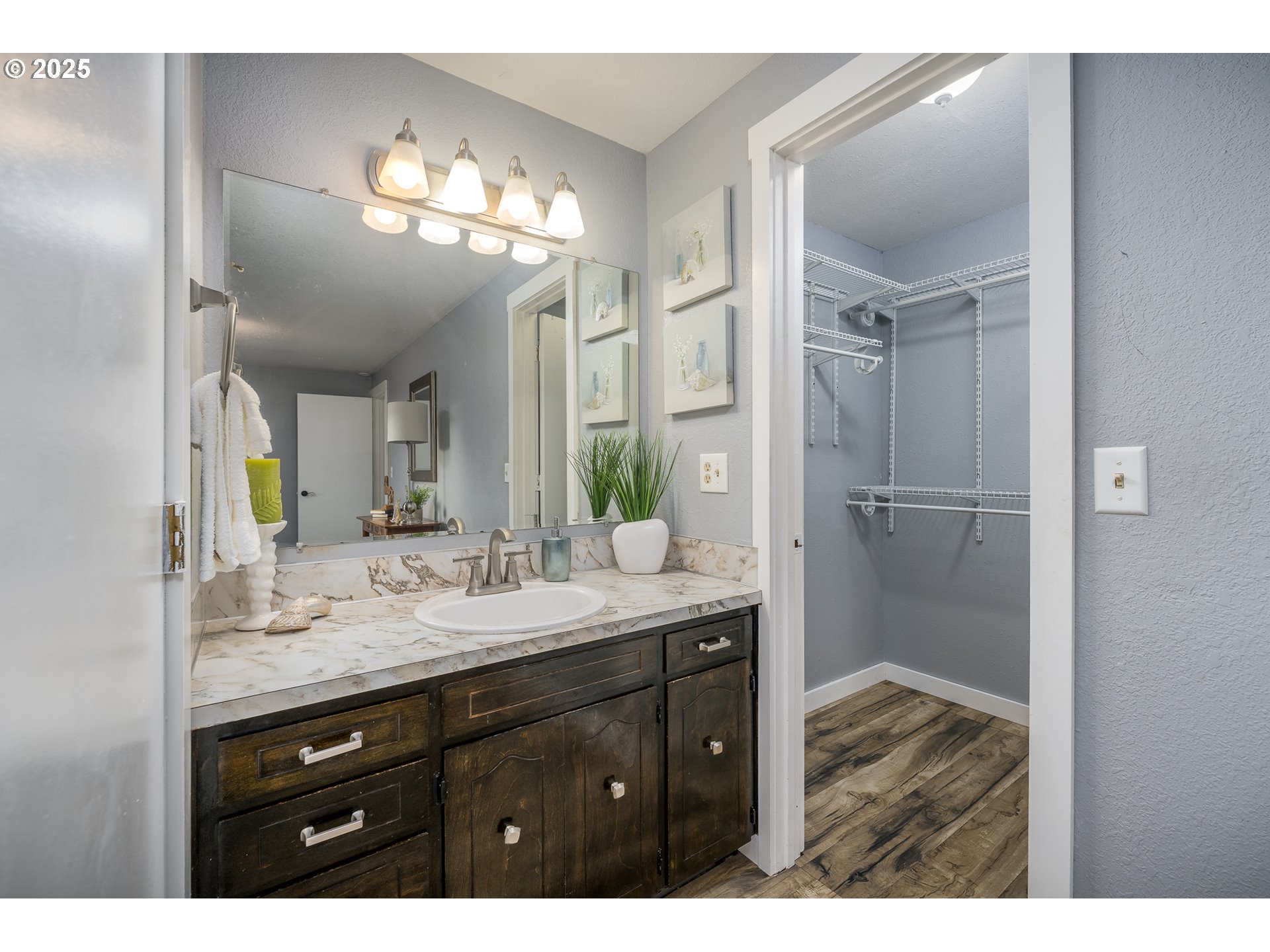 2676 Wheeler Street Southeast Albany, OR 97322 - Photo 13 of 32 a bathroom with a granite countertop sink a mirror a and a shower