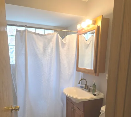 a bathroom with a sink and mirror