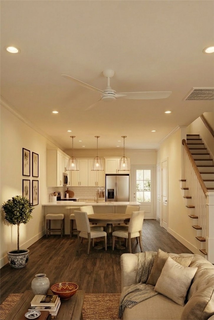 Traditional Timeless Package. This inviting space combines a cozy living area with a functional kitchen and dining.