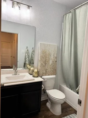 a bathroom with a sink toilet and shower