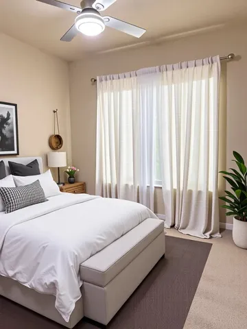 a bedroom with a bed and a potted plant