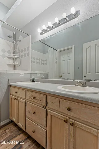 a bathroom with a sink and a mirror