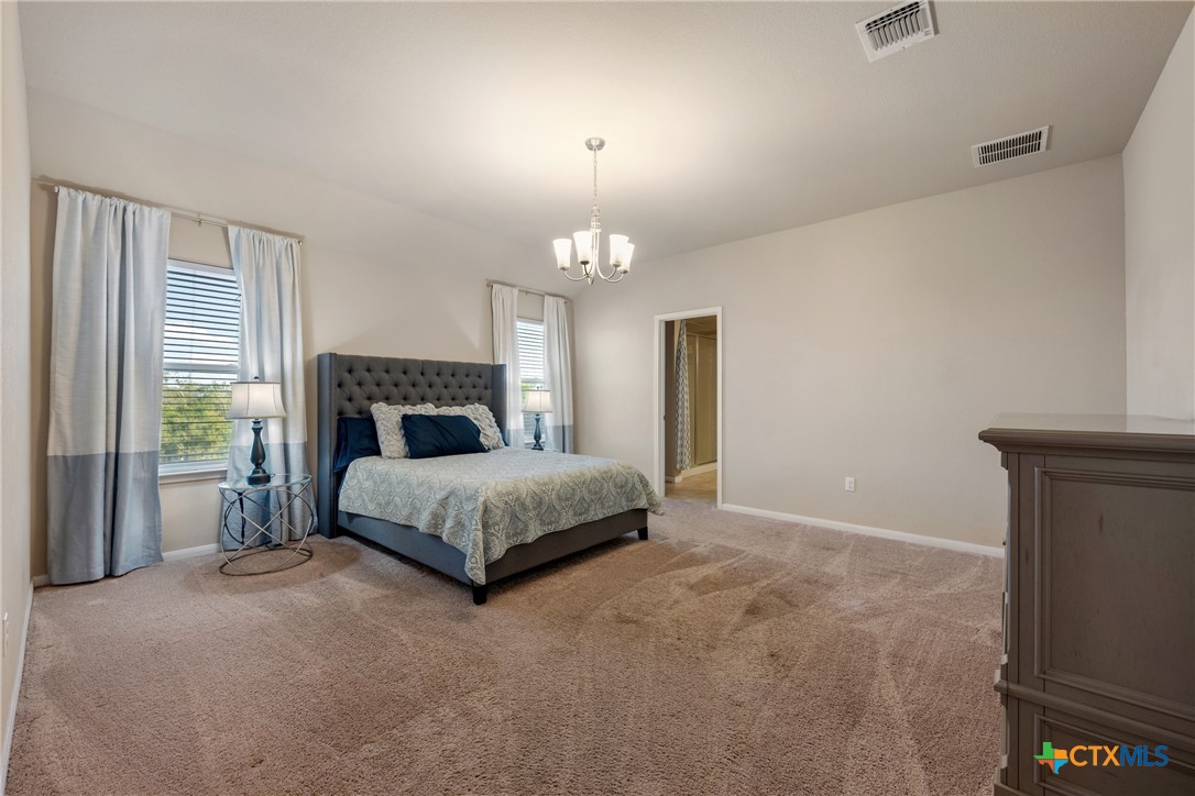 117 Liard River Road Hutto, TX 78634 - Photo 20 of 48 a bedroom with a large bed and a chandelier