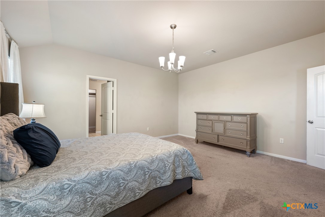 117 Liard River Road Hutto, TX 78634 - Photo 21 of 48 a bedroom with a bed and a chandelier