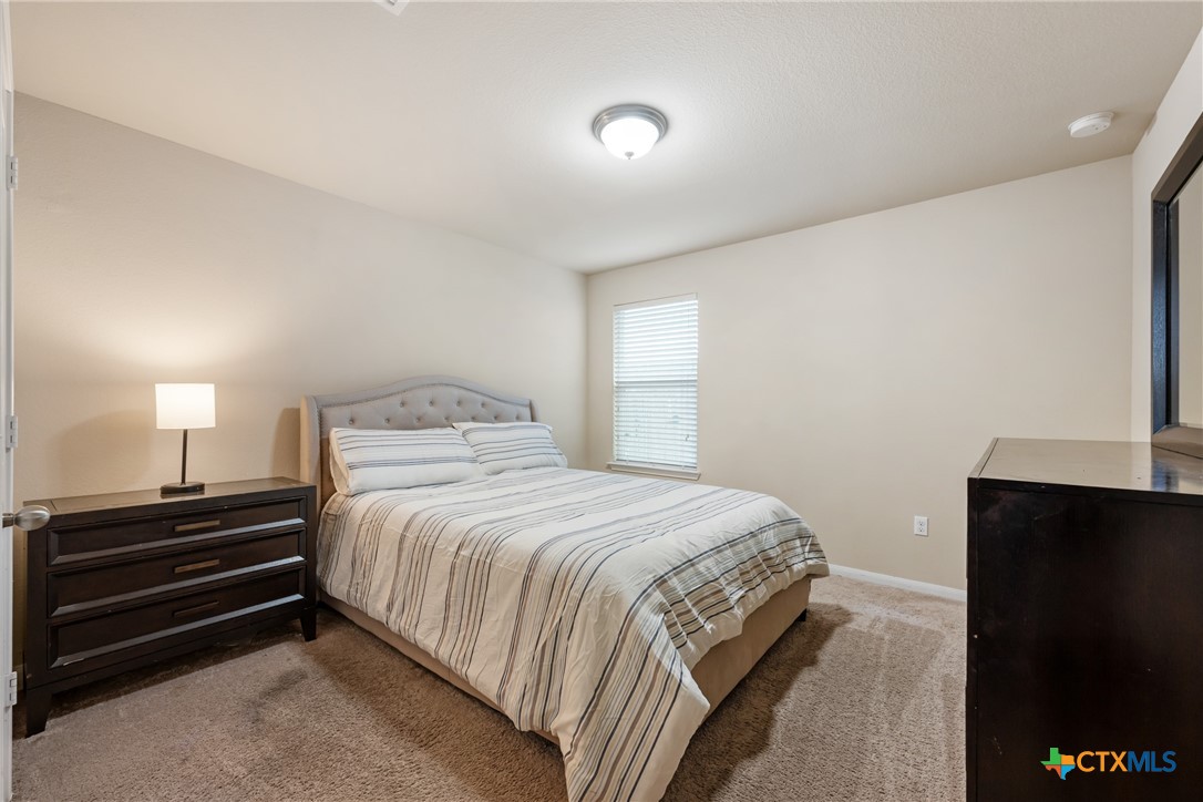 117 Liard River Road Hutto, TX 78634 - Photo 31 of 48 a bedroom with a bed and a flat tv screen on a dresser