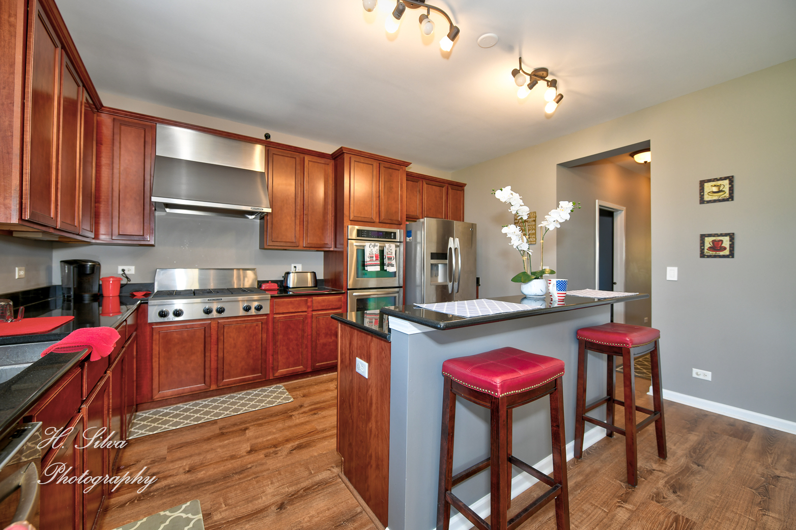 249 Sonora Drive Elgin, IL 60124 - Photo 9 of 42 a kitchen with kitchen island granite countertop wooden cabinets and stainless steel appliances