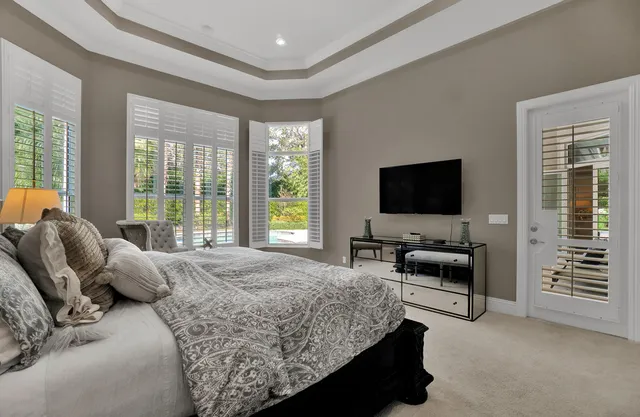 a bedroom with bed tv and window