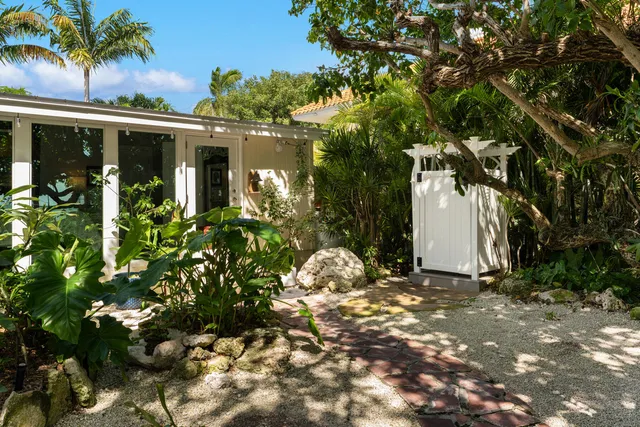 a view of a yard with plants and a fountain