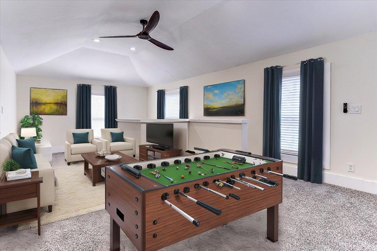 989 Bruce Street Memphis, TN 38104 - Photo 22 of 40 Recreation room with ceiling fan, light carpet, recessed lighting, and lofted ceiling