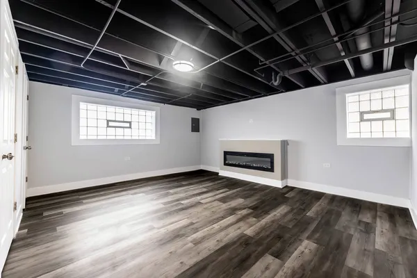 a living room with a fireplace