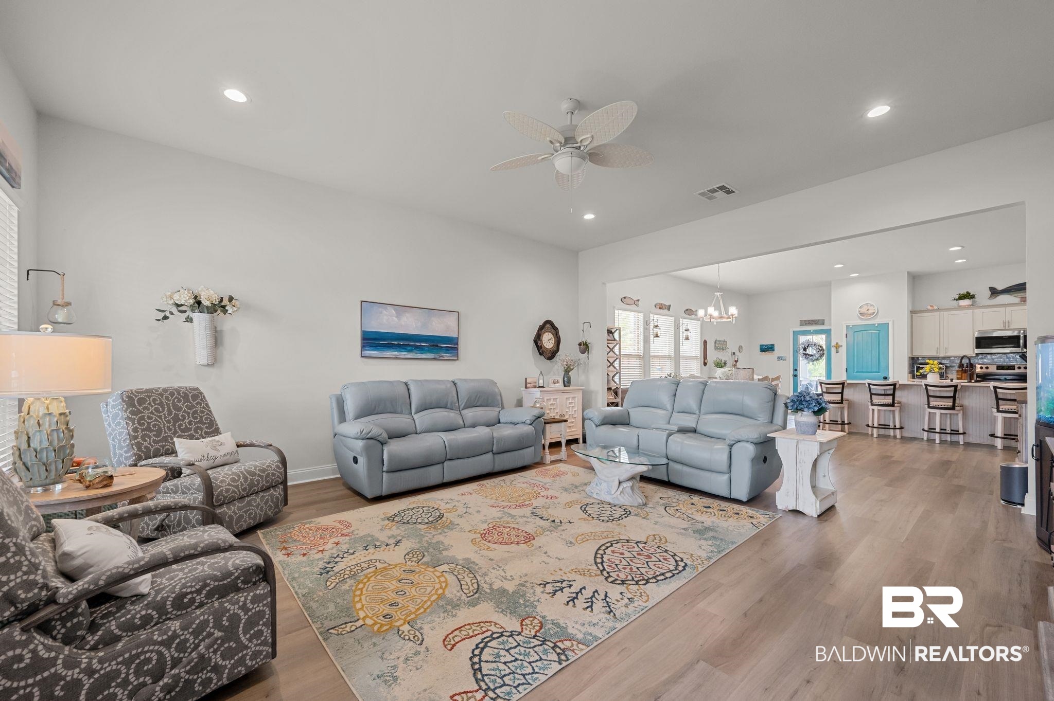 1165 Stella Road Foley, AL 36535 - Photo 5 of 42 Living room featuring a ceiling fan, light wood finished floors, a chandelier, and recessed lighting
