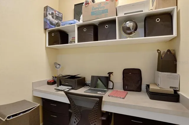 a work place with table and chairs