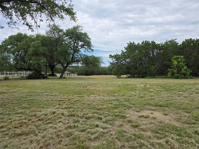 a view of a field with trees in background