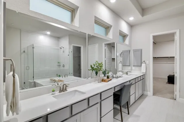 a bathroom with a double vanity sink a mirror and a shower