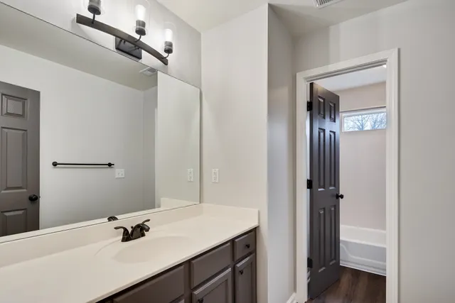 a bathroom with a sink and a mirror