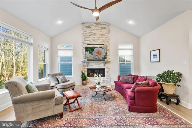a living room with furniture chandelier and a fireplace