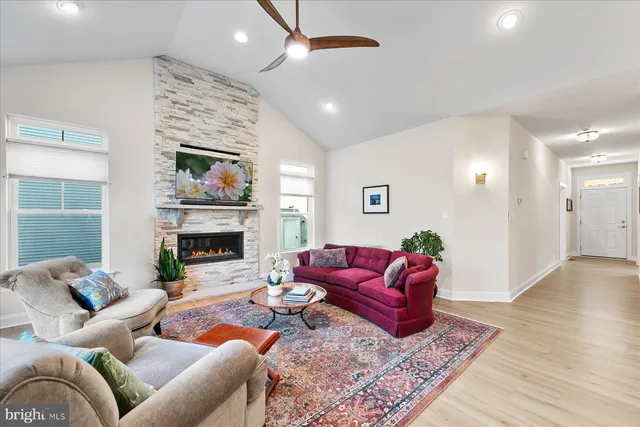 a living room with furniture or couch and a fireplace