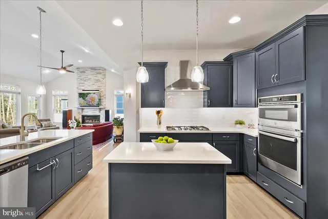 a kitchen with a sink stainless steel appliances and cabinets