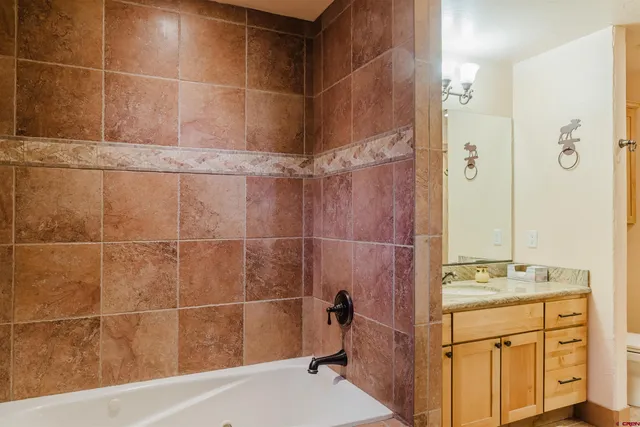 a bathroom with a granite countertop sink a mirror and shower