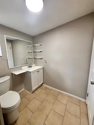 a bathroom with a sink toilet and mirror