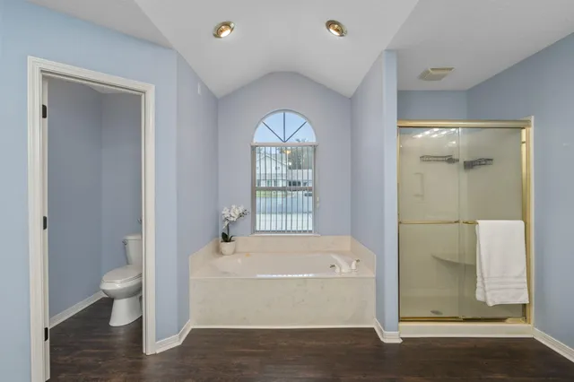 a bathroom with a shower and toilet
