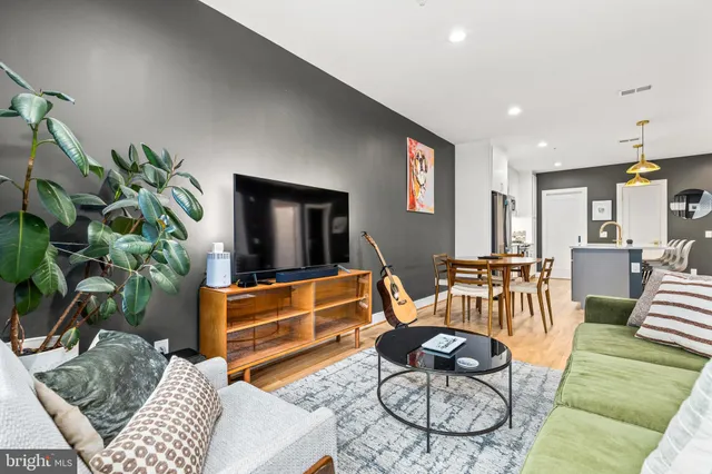 a living room with furniture potted plant and a flat screen tv