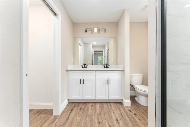 a bathroom with a sink a toilet and a mirror