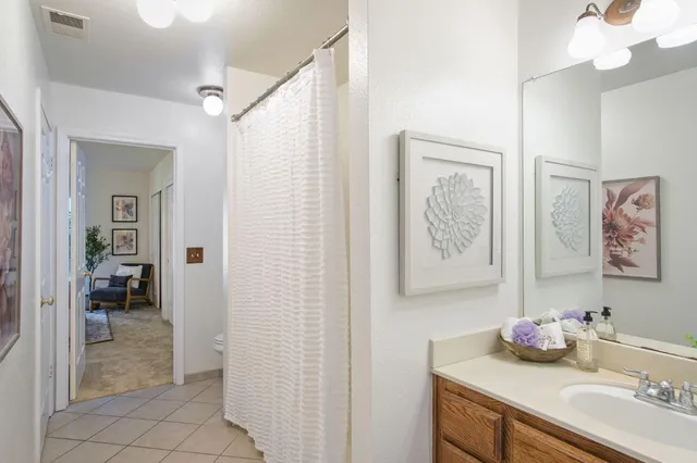 a bathroom with a sink vanity and a mirror