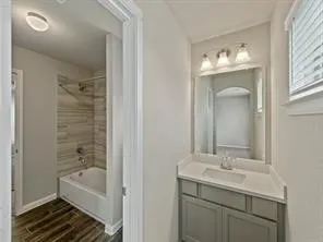 a bathroom with a tub sink and mirror