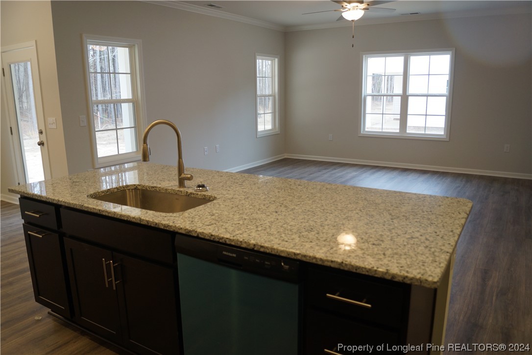 111 Knotts Berry Road Bunnlevel, NC 28323 - Photo 21 of 32 a kitchen with granite countertop a sink a window and cabinets