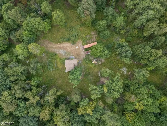 an aerial view of residential houses with outdoor space and trees