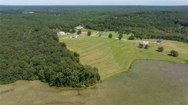 a view of a water pond with green field