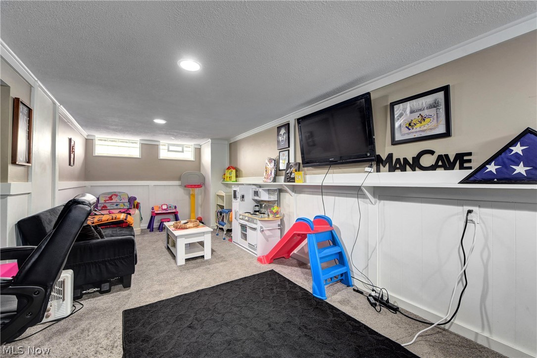 1149 Avondale Road Cleveland, OH 44121 - Photo 21 of 28 Recreation room featuring light carpet and a textured ceiling