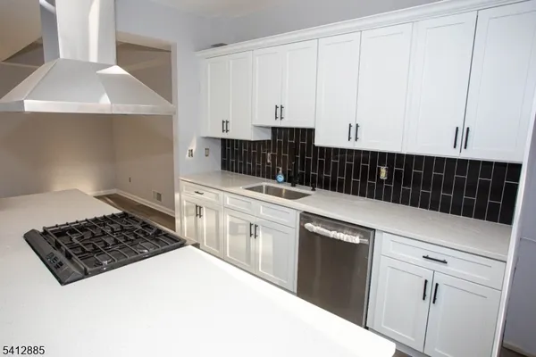 a kitchen with a sink a stove and cabinets