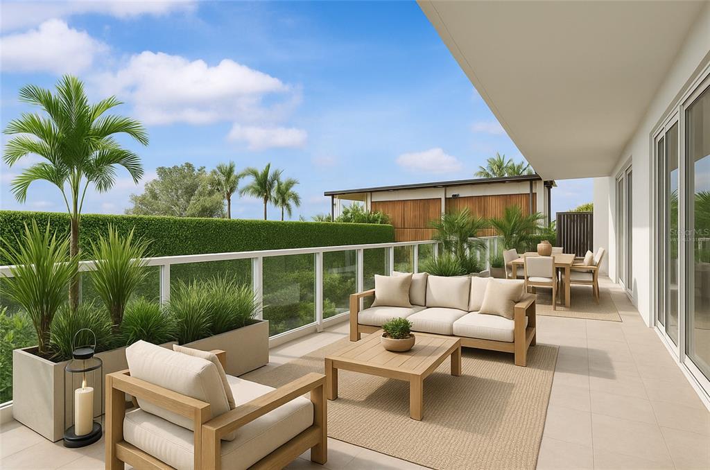 1020 Sunset Point Road, Unit 108 Clearwater, FL 33755 - Photo 26 of 62 a view of a patio with couches chairs potted plants and a palm tree