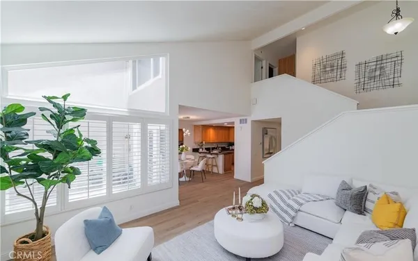 a living room with furniture and a potted plant