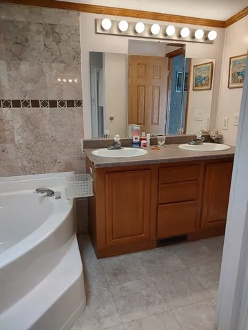 a bathroom with a tub sink and mirror