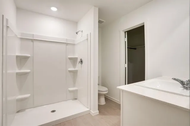 a bathroom with a shower and a toilet