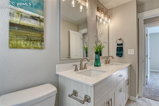 1913 Wooten Road Colorado Springs, CO 80915 - Photo 45 of 50 Bathroom featuring toilet, double sink, and vanity with extensive cabinet space