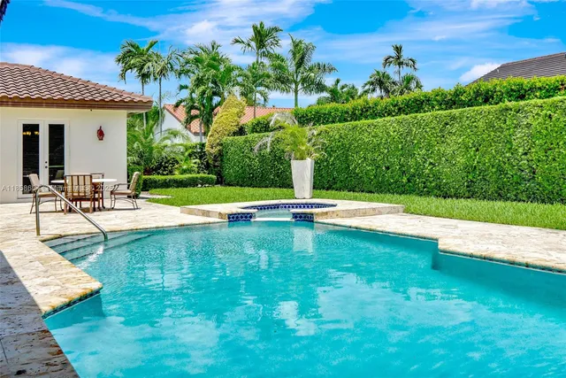 a view of a swimming pool with a yard