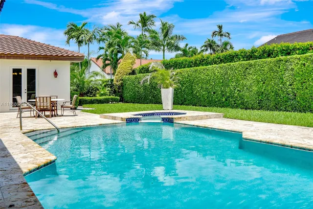 a view of a swimming pool with a yard