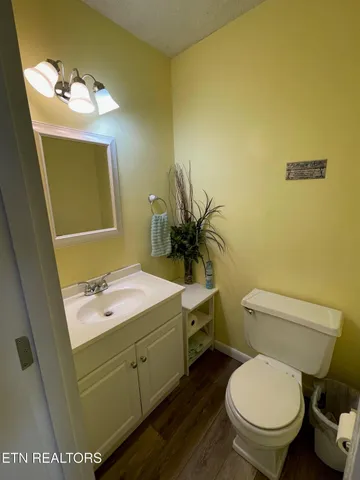 a bathroom with a sink mirror vanity and toilet