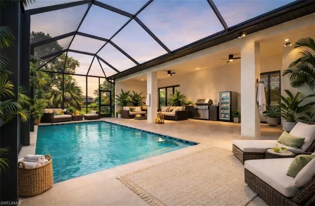 a view of swimming pool with outdoor seating