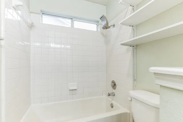 a bathroom with a bathtub and a toilet