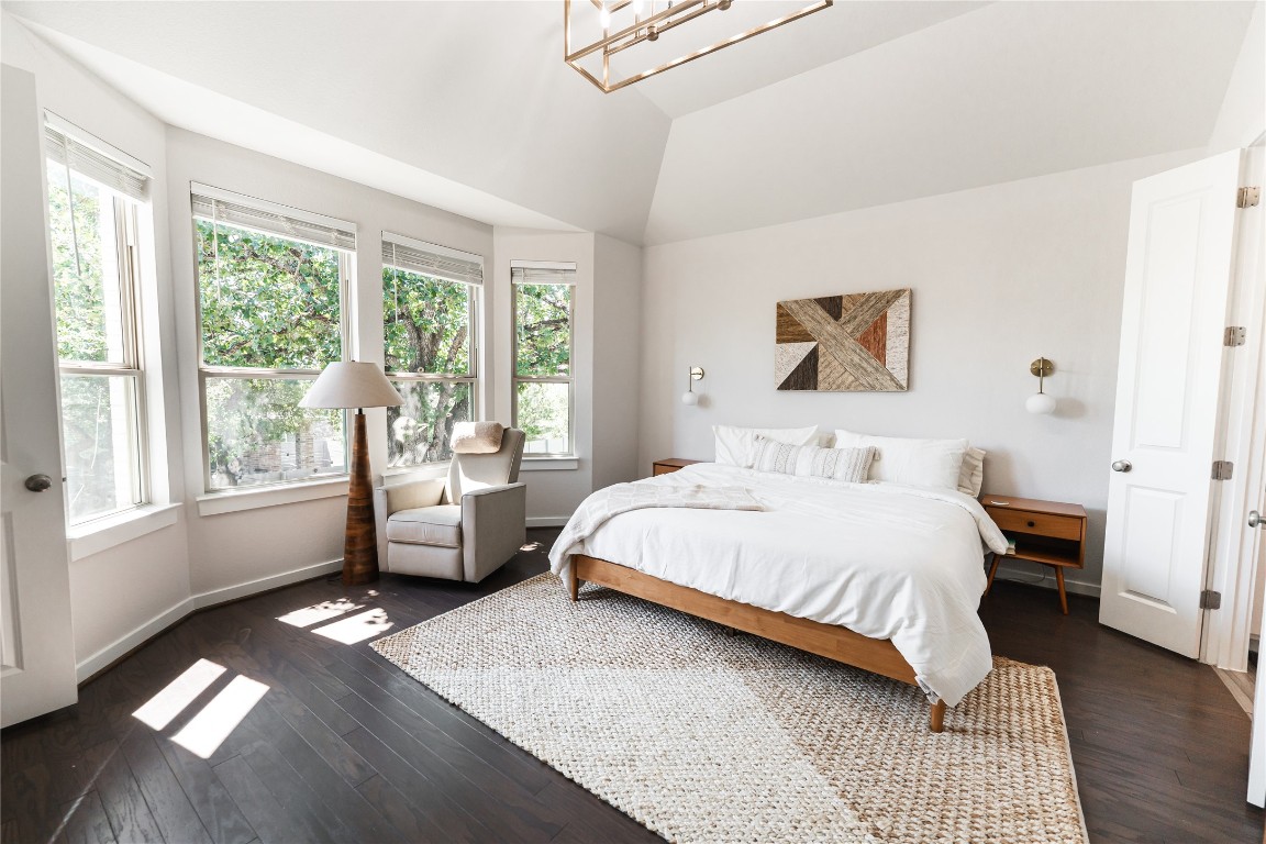 608 Pecan Bottom Trail Georgetown, TX 78628 - Photo 12 of 30 Bedroom with multiple windows, dark wood finished floors, and vaulted ceiling